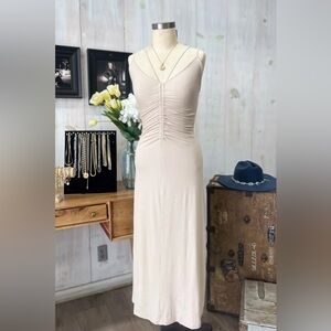 Ribbed Knit Ruched Lace Up Back Bodycon Midi Dress in Bone
